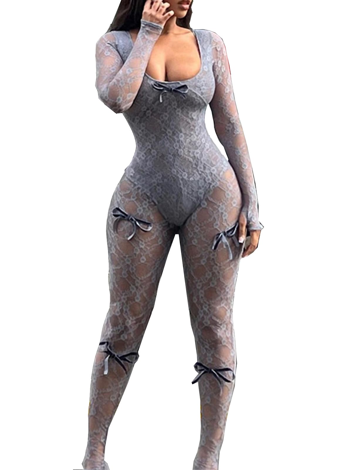 Sexy Sheer Outfits for Women Lace Long Sleeve U Neck Bodycon Jumpsuit Streetwear Rompers