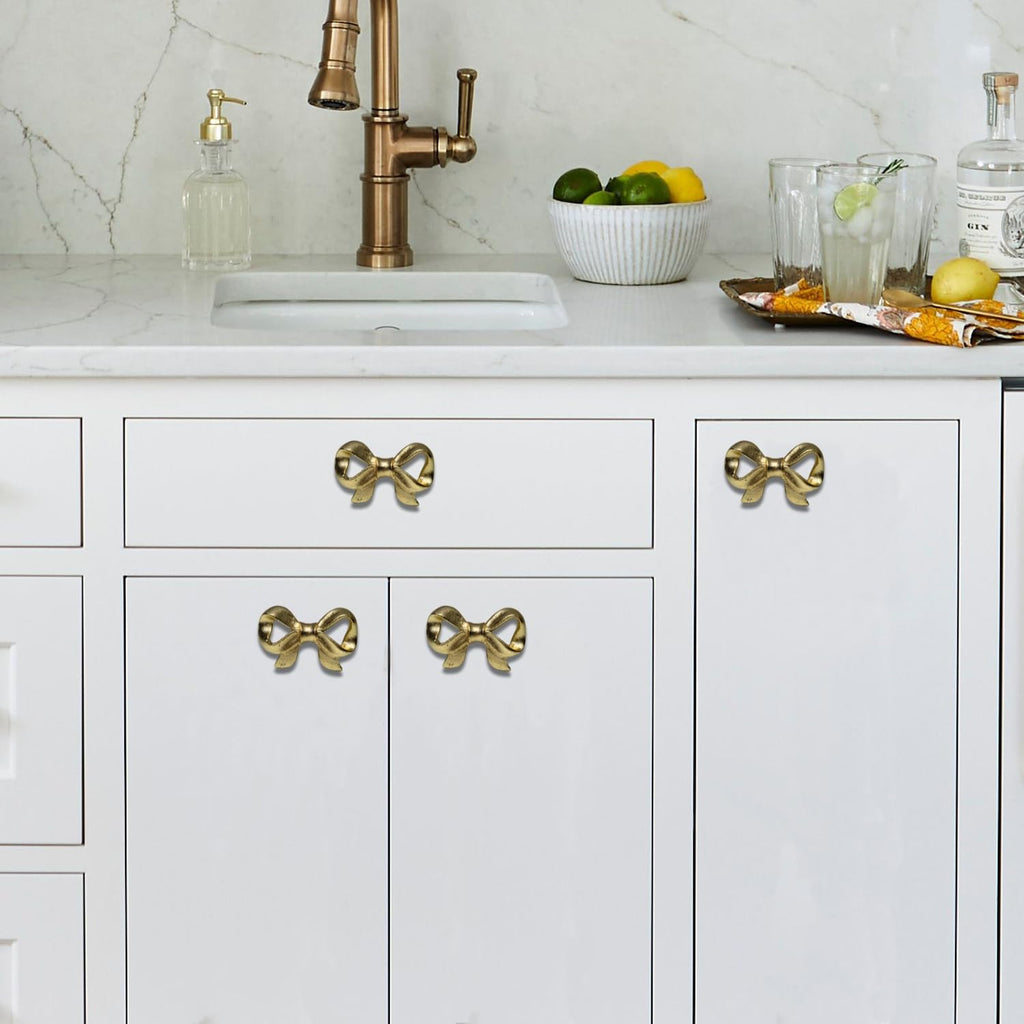 Set of 6 Metal Door Knobs - Decorative Door Knobs Bow Tie Handle with Screw | Cupboard Drawer Wardrobe Pulls (2.25" x 1.25" x 1.1") Gold