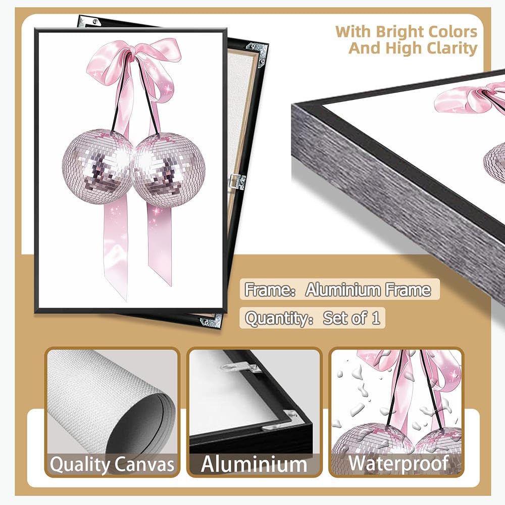Trendy Pink Bow Disco Ball Posters White Cherry Canvas Wall Art Funky Coquette Bow Ribbon Preppy Aesthetic Prints Painting