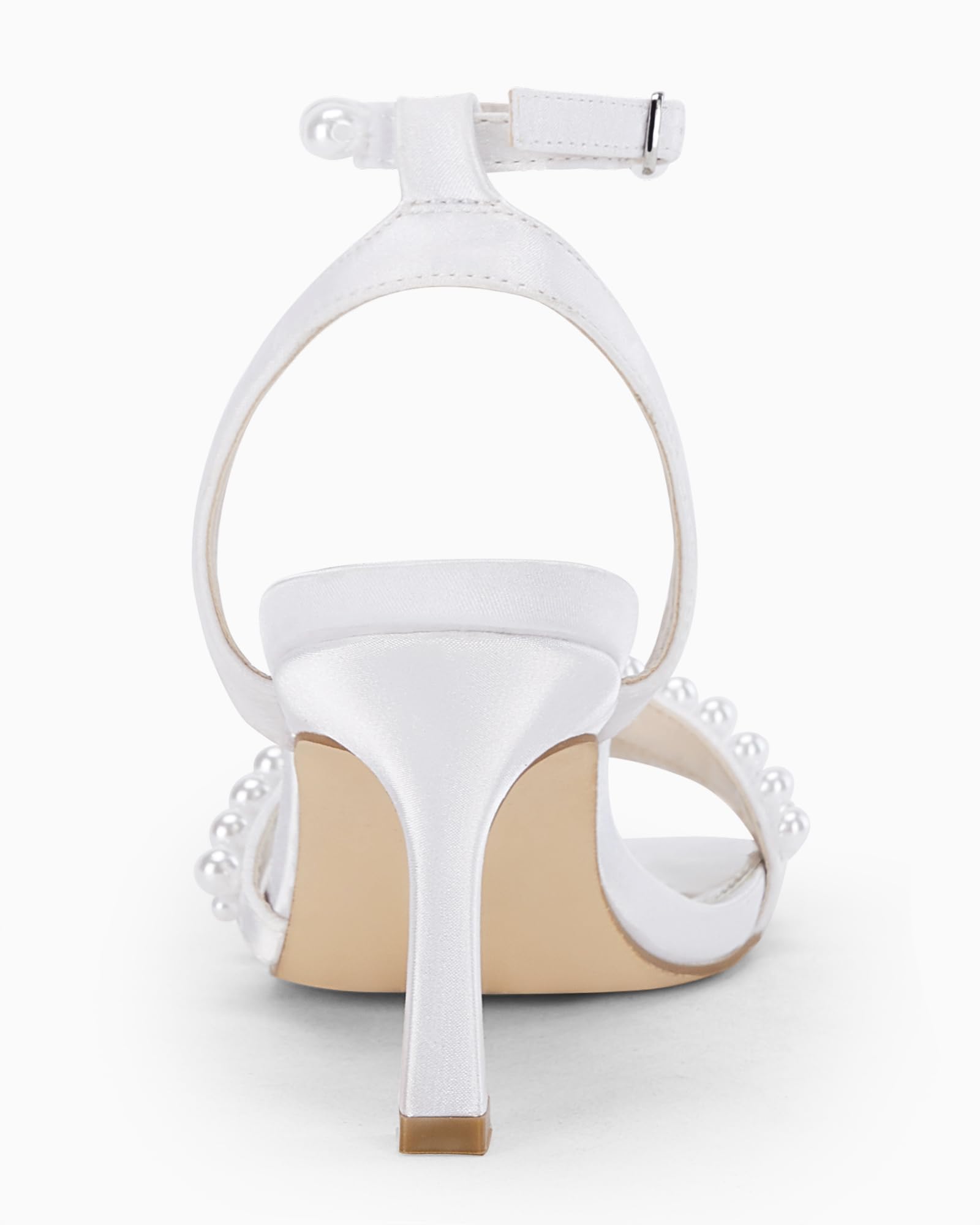 Women's Pearl Kitten Heels Sandals Square Open Toe Dress Sandals Ankle Strap Satin