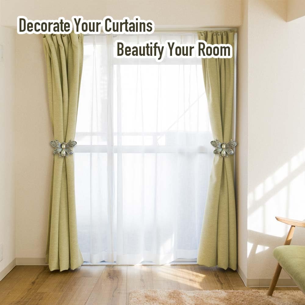 Set of 2 Resin Magnetic Curtain Tiebacks Golden Flying Bee Curtain Holders, Decorative Curtain Ties for Drapes