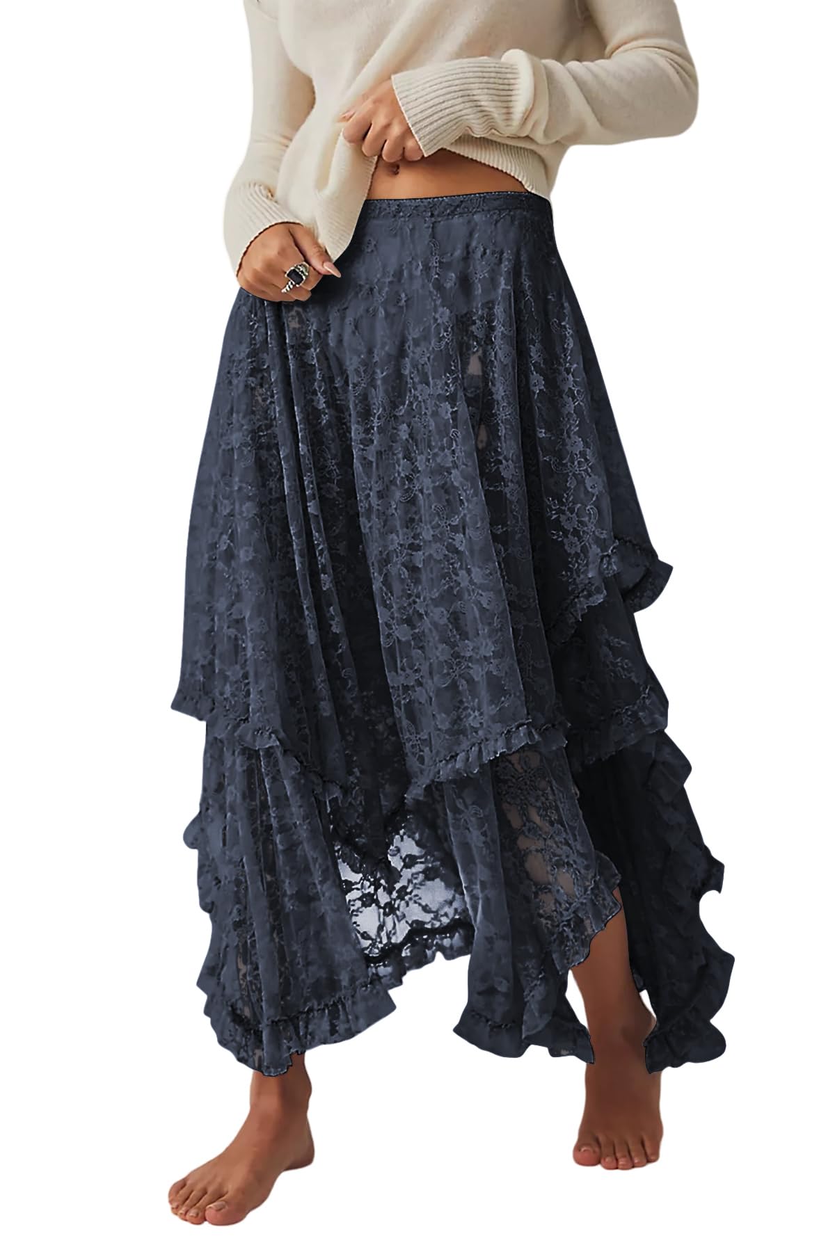 Women Lace Long Skirts Summer Elastic Asymmetrical Layered Hem Sexy See-Through Beach Floral Maxi Skirts