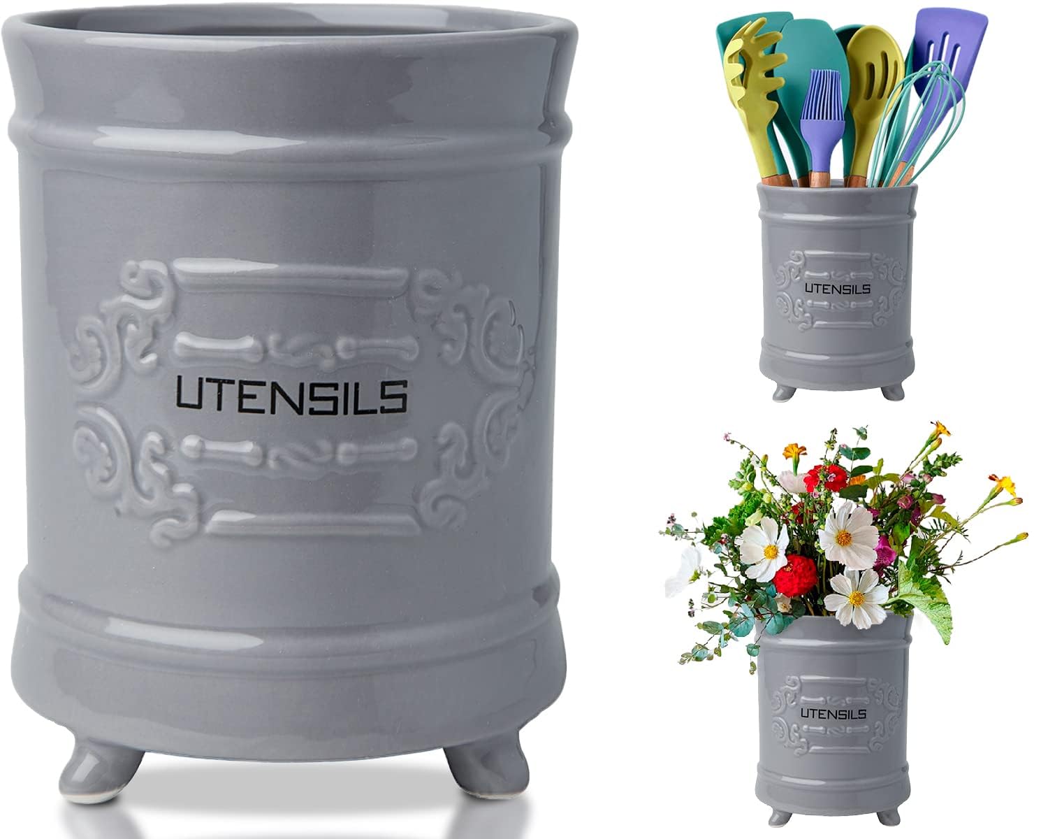 Vintage Style Kitchen Utensil Caddy - Antique Design Cooking Utensil Organizer - Rustic French Country Utensil Crock for Cooking Enthuziast