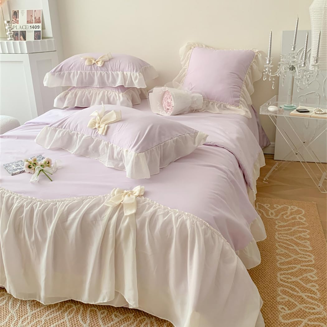 Ruffle Duvet Cover Bedding Set with Bowtie, 2 Pieces Comforter Cover Set with Zipper Closure with Pillowcase