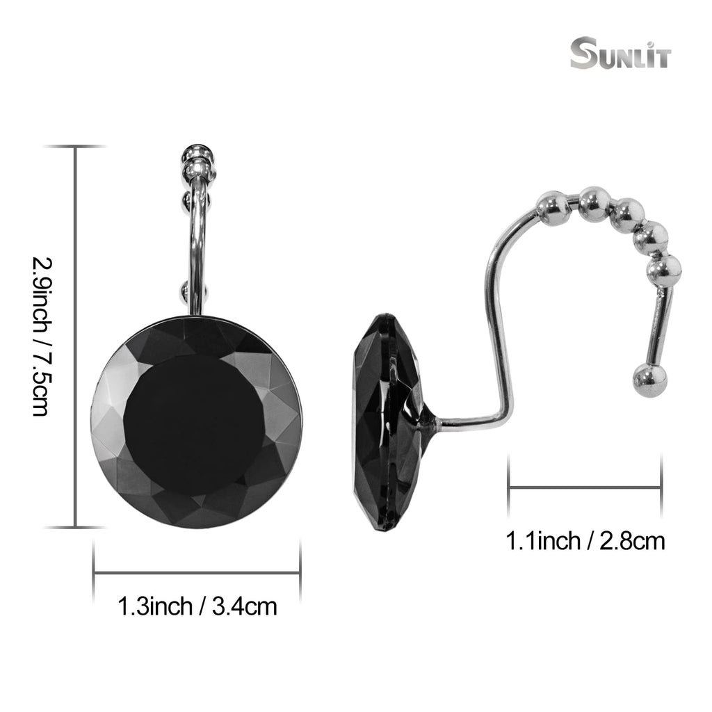 Luxury Design Round Diamond Crystal Gem Bling with Glide Balls Shower Curtain Hooks, Rust Proof Metal Rhinestones Glam Shower Curtain Rings-12 Pack