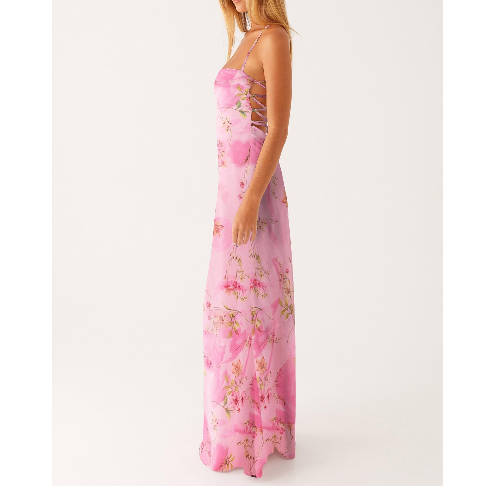 Women Floral Slip Dress Spaghetti Strap Maxi Dress Backless Slim Fit Long Dresses Flowers Print Going Out Dress