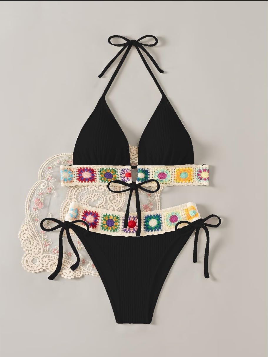 Women's Floral Embroidery Halter Padded Bikini Set Cut Out Boho Bathing Suit Swimsuit