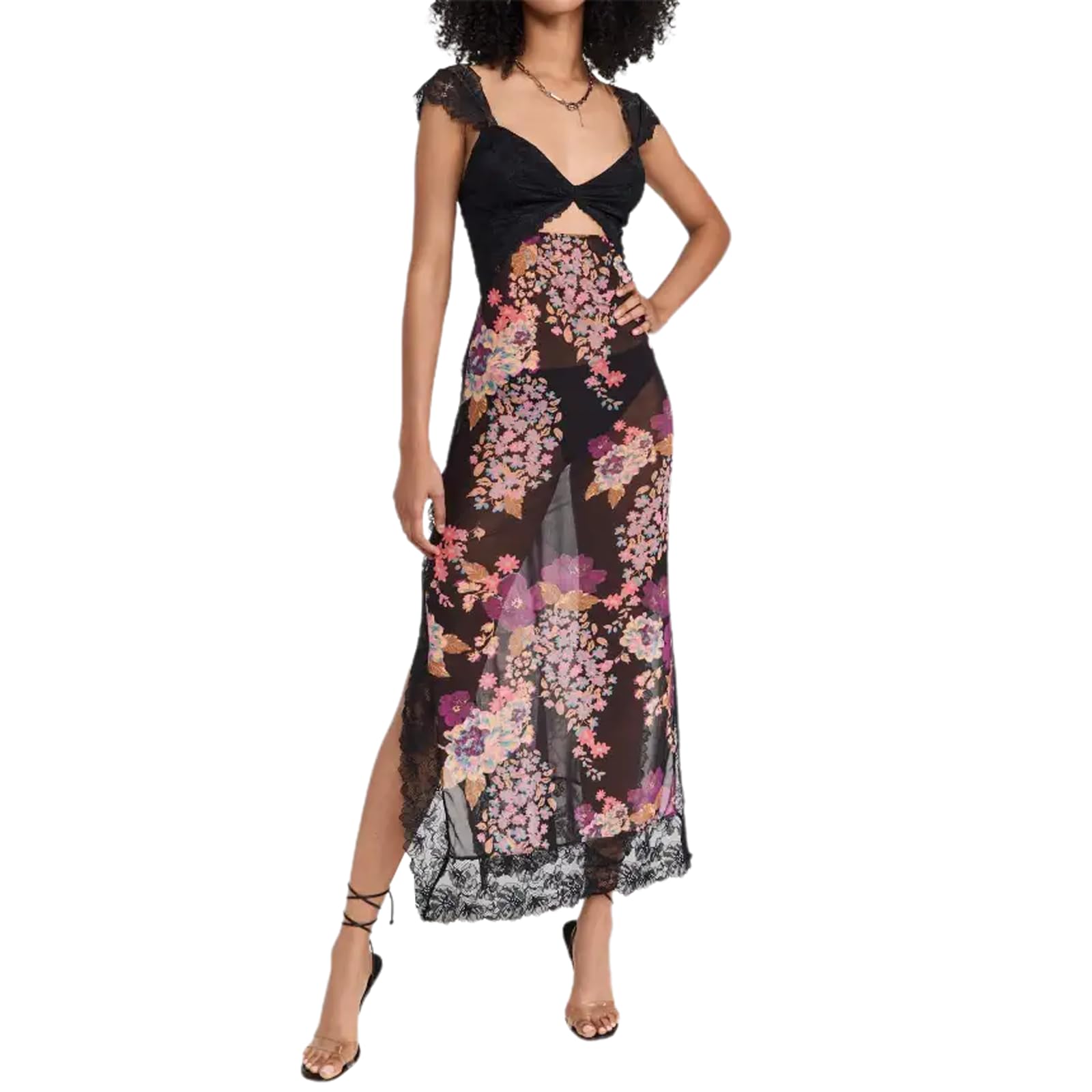 Women Sleeveless Maxi Dress Backless Bodycon Floral Printed Spaghetti Strap Long Dress Sheer Mesh Summer One-Piece