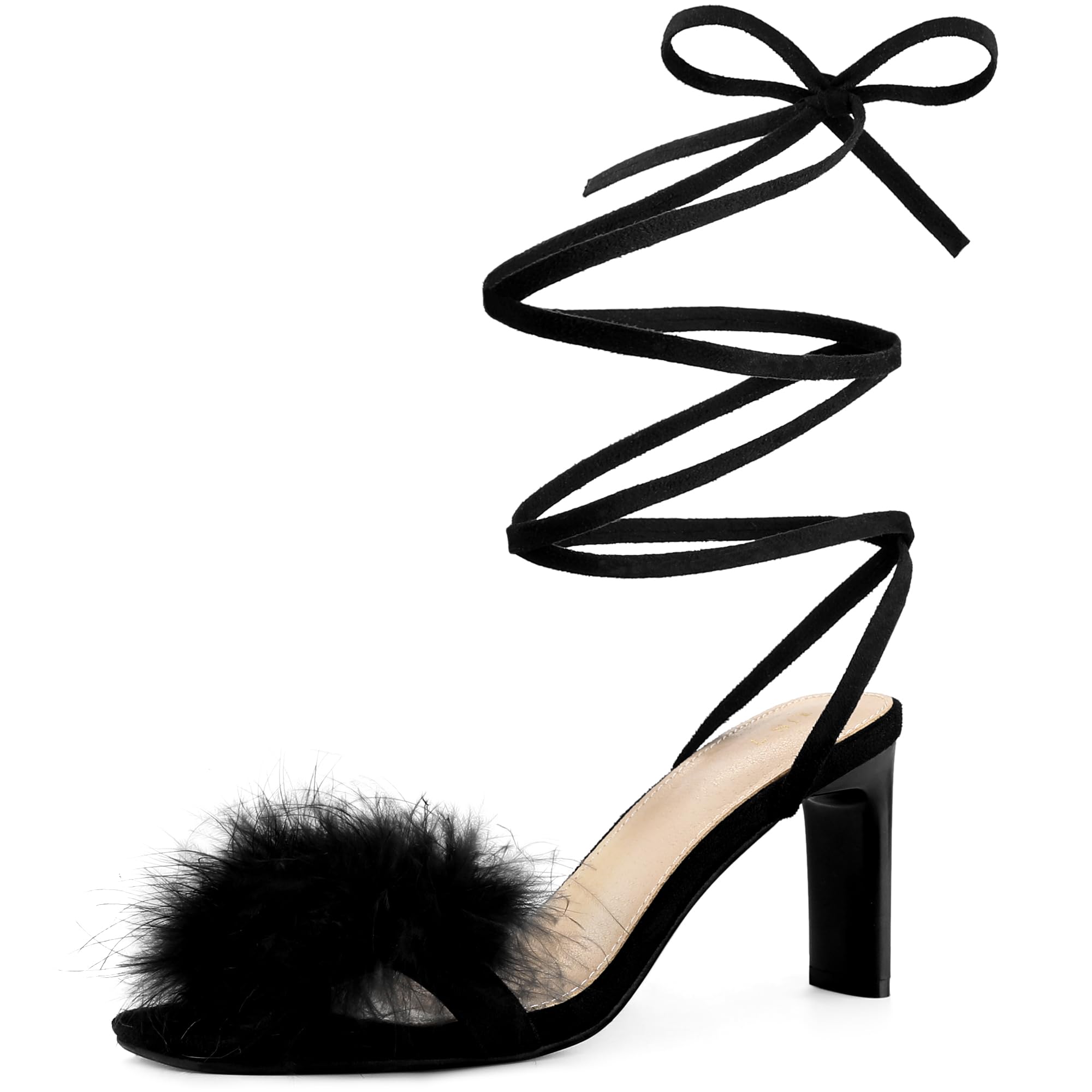 Women's Faux Fur Slingback Block Heels Lace Up Sandals