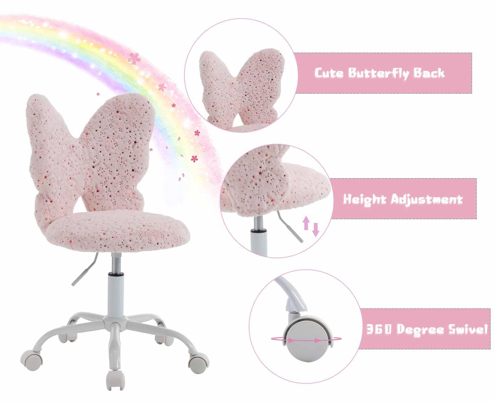 Kids Desk Chair Butterfly Faux Fur Study Chair Adjustable Vanity Chair, Small Cute Student Task Chair with White Foot