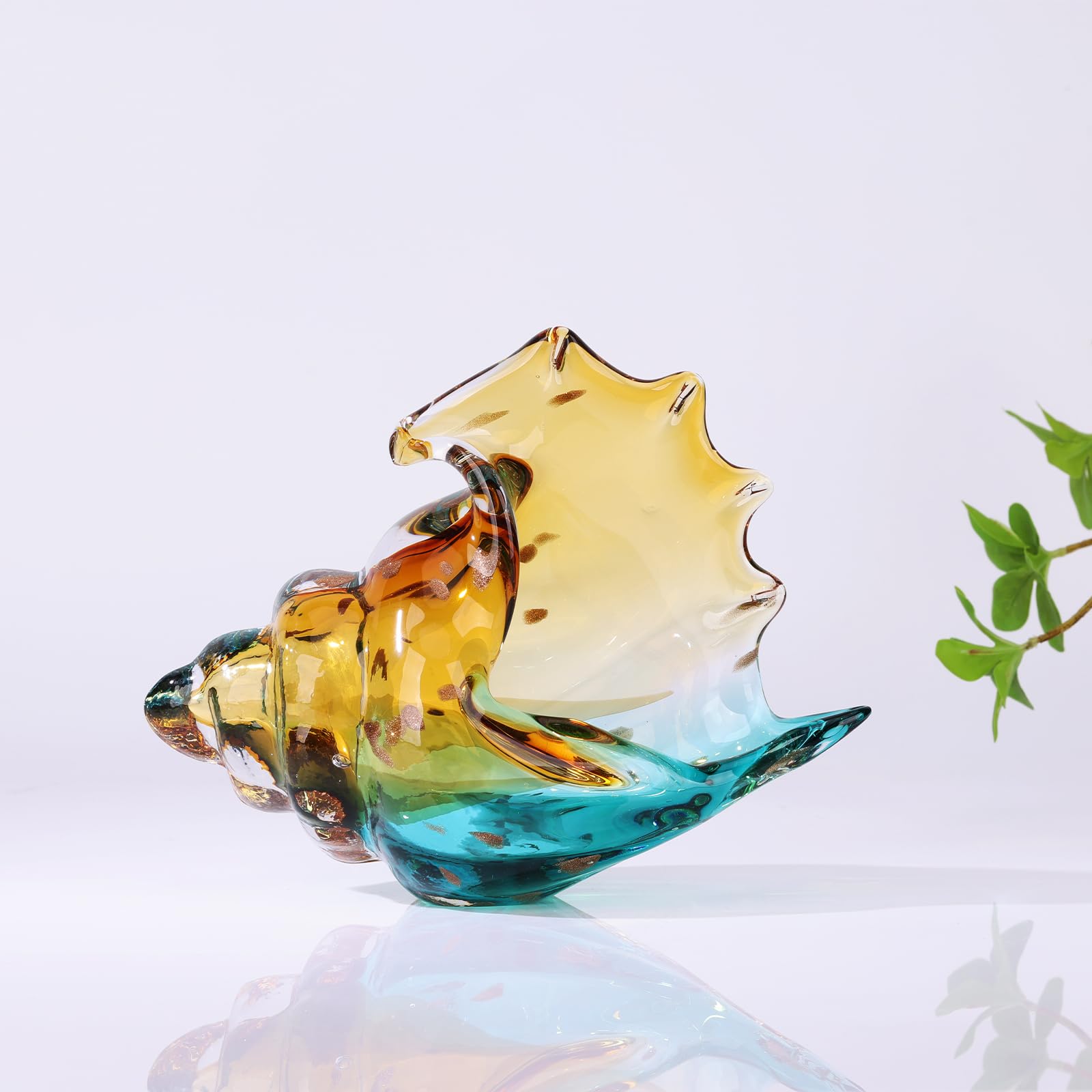 Hand Blown Glass Conch - Coastal Home Decor Conch Corners, Glass Art Conch Sculptures, Office Decor Blown Glass Art, Living Room Table Centerpieces, Bathroom Shelf Tops And Cabinet Decor
