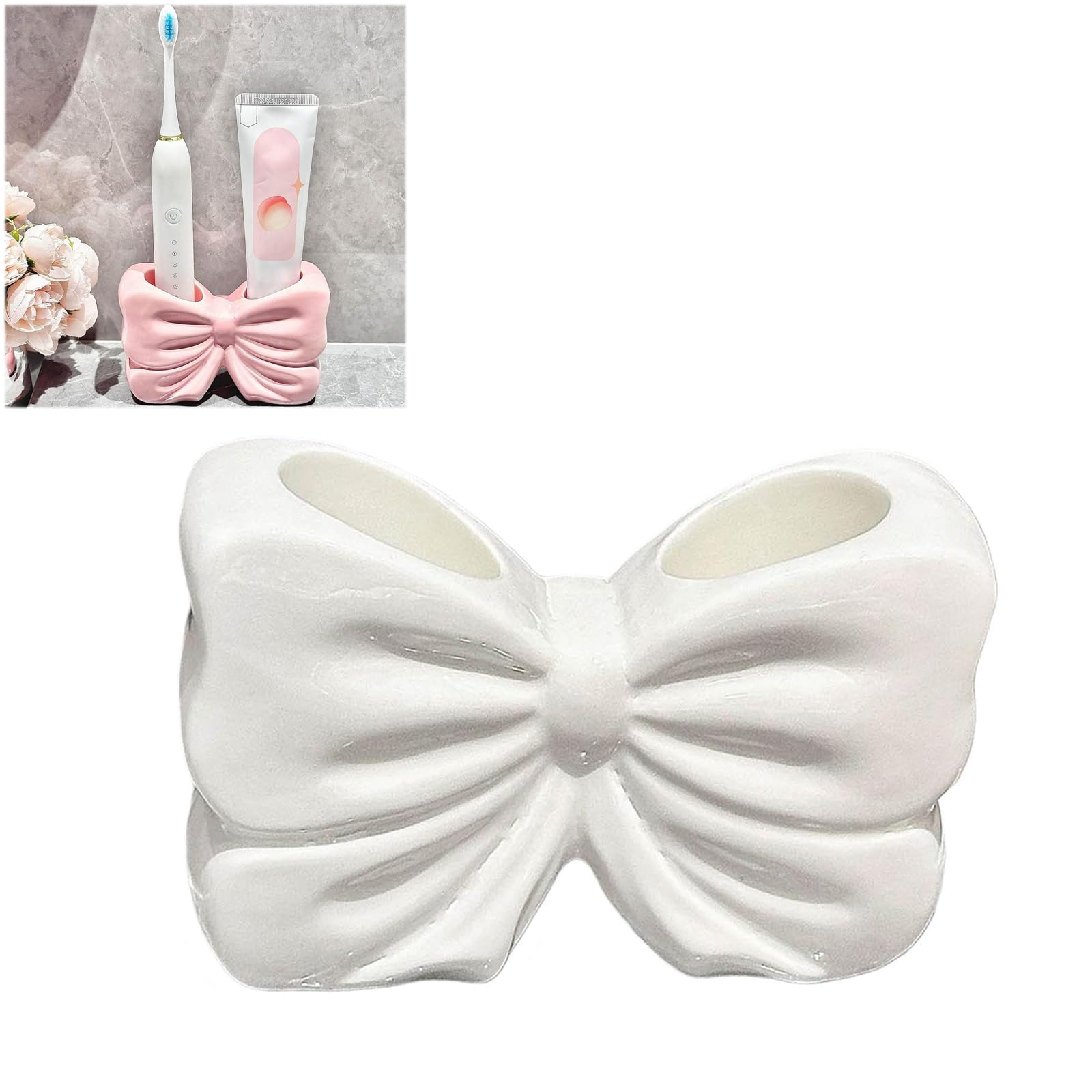 Ceramic Bowtie Toothbrush Holder - Cute 2 Slots Toothbrush Holder Accessories for Bathroom Bow Decor Portable Quick Dry