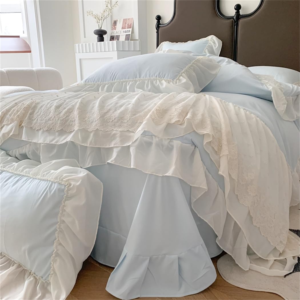 Lace Duvet Cover - Chiffon Ruffled Beddding Set with Flower, 3 Pieces Comforter Cover Set with Zipper Closure and Pillowcase