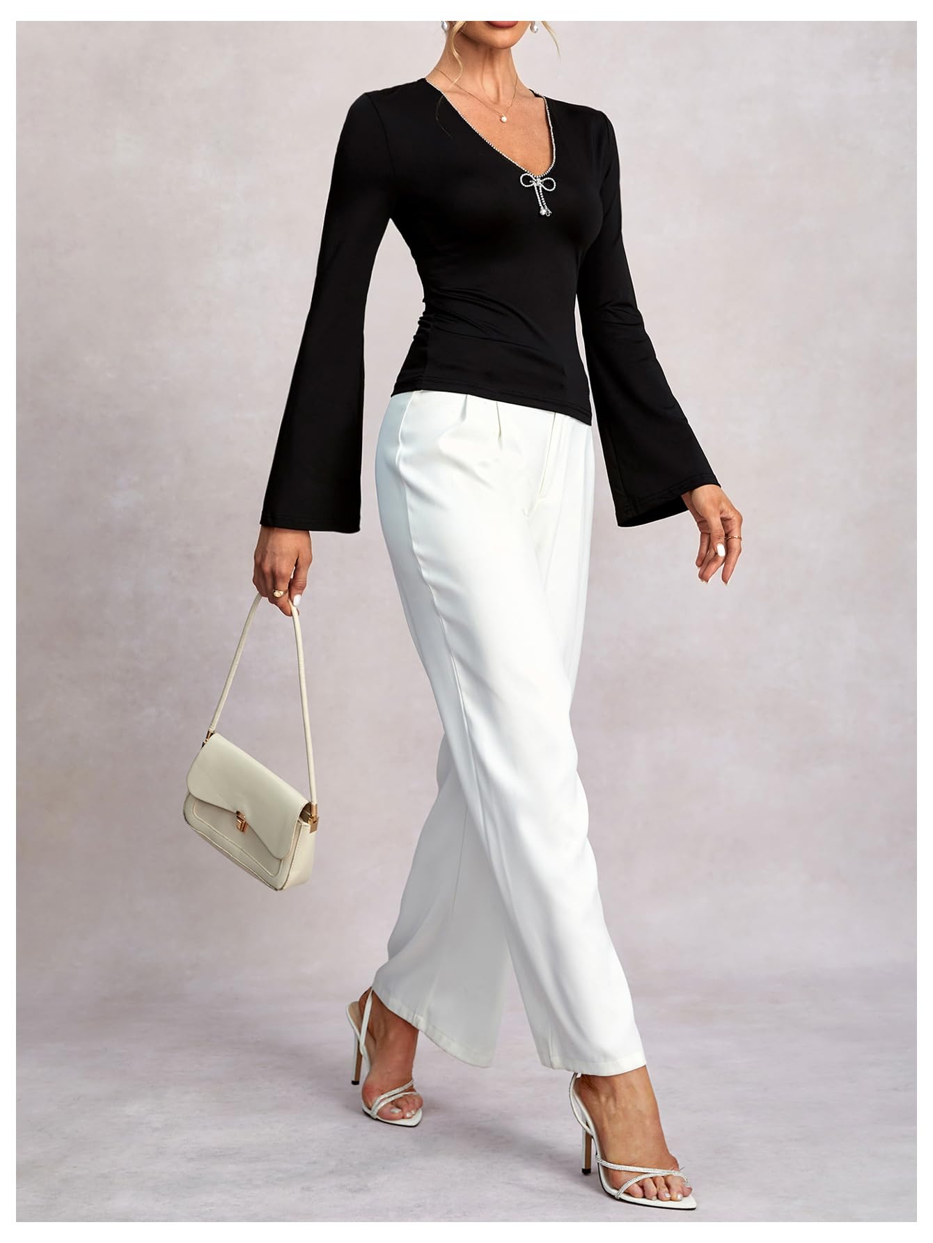 Women's Sparkly Rhinestone V Neck T Shirt Bell Long Sleeve Fitted Going Out Tops