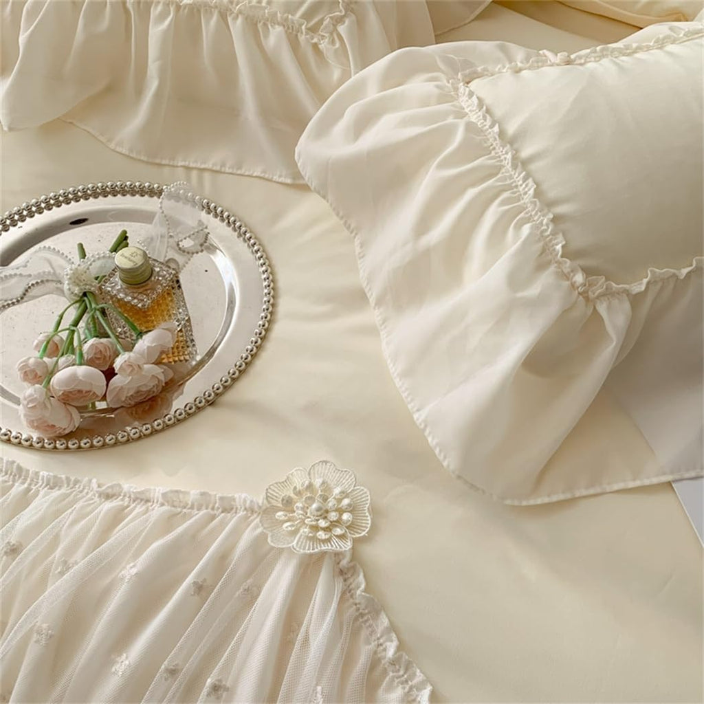 Lace Duvet Cover - Chiffon Ruffled Beddding Set with Flower, 3 Pieces Comforter Cover Set with Zipper Closure and Pillowcase
