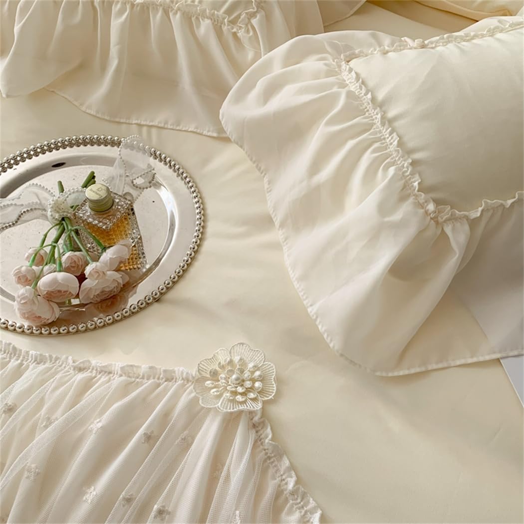 Lace Duvet Cover - Chiffon Ruffled Beddding Set with Flower, 3 Pieces Comforter Cover Set with Zipper Closure and Pillowcase
