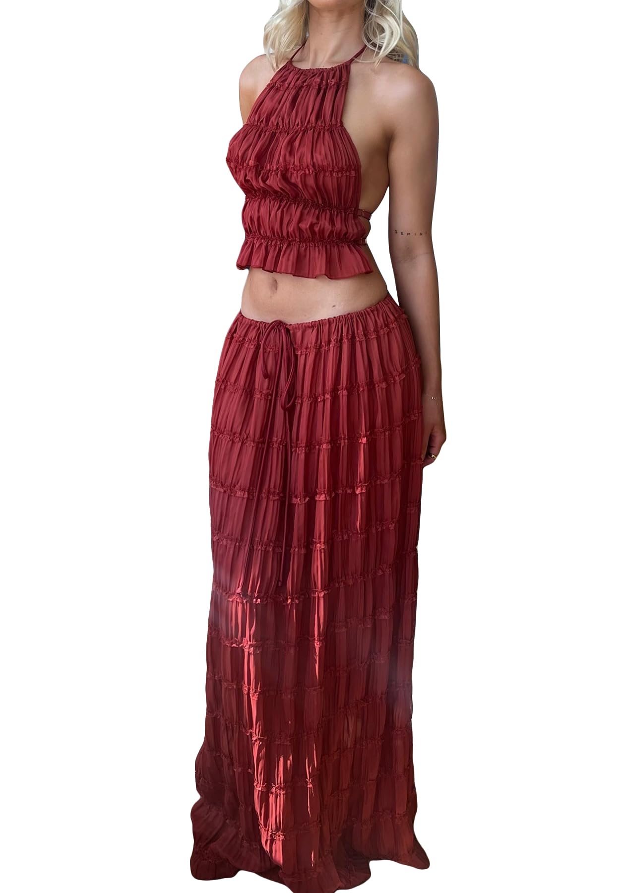 Skirt Sets Women 2 Piece Outfits Backless Halter Top And Pleated Ruffle Flowy Maxi Skirts Y2k Beach Vacation Set