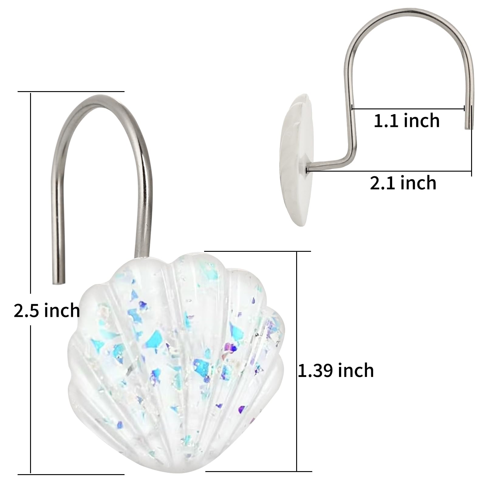 Seashell Shower Curtain Hooks, 12PCS Stainless Steel Anti Rust Starfish and Seashell Decorative Shower Hooks Ocean Theme Shower Curtain Hooks for Home Bathroom