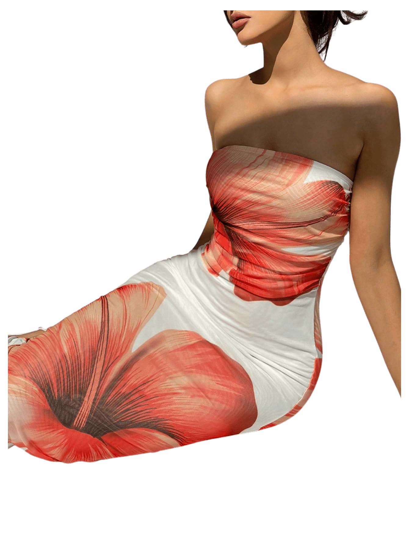 Women's Floral Strapless Bodycon Maxi Dress Summer Tube Top Dresses