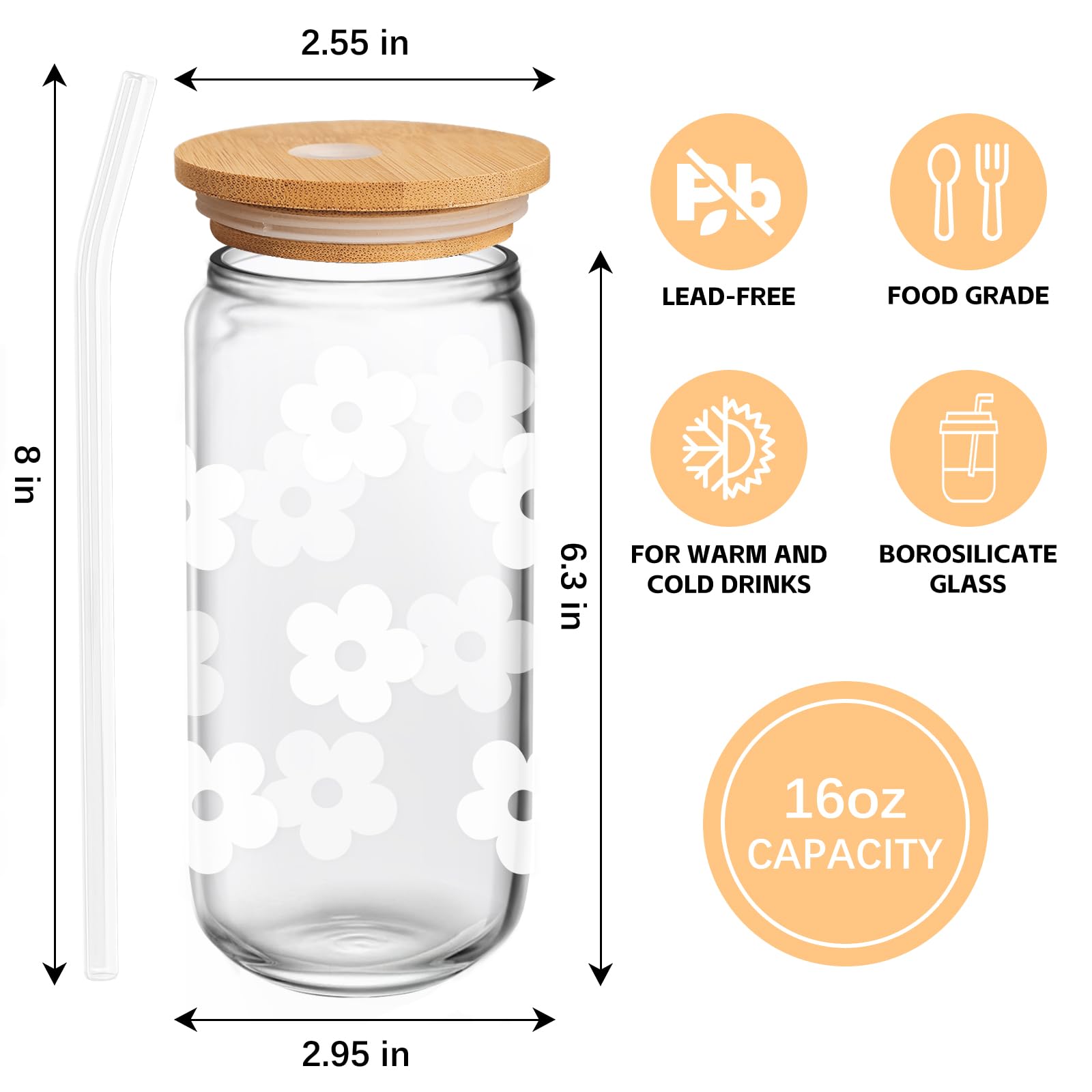 Daisy Glass Cup with Lid & Straw, Cute, 16oz