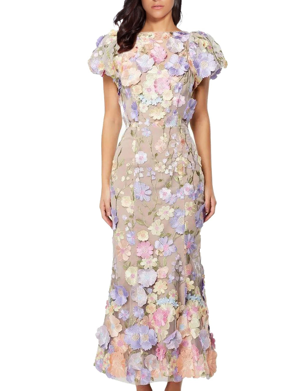 Women's 3D Floral Embroidery Dress Ruffle Sleeve Fishtail Lace Bodycon Party Cocktail Mixi Dress