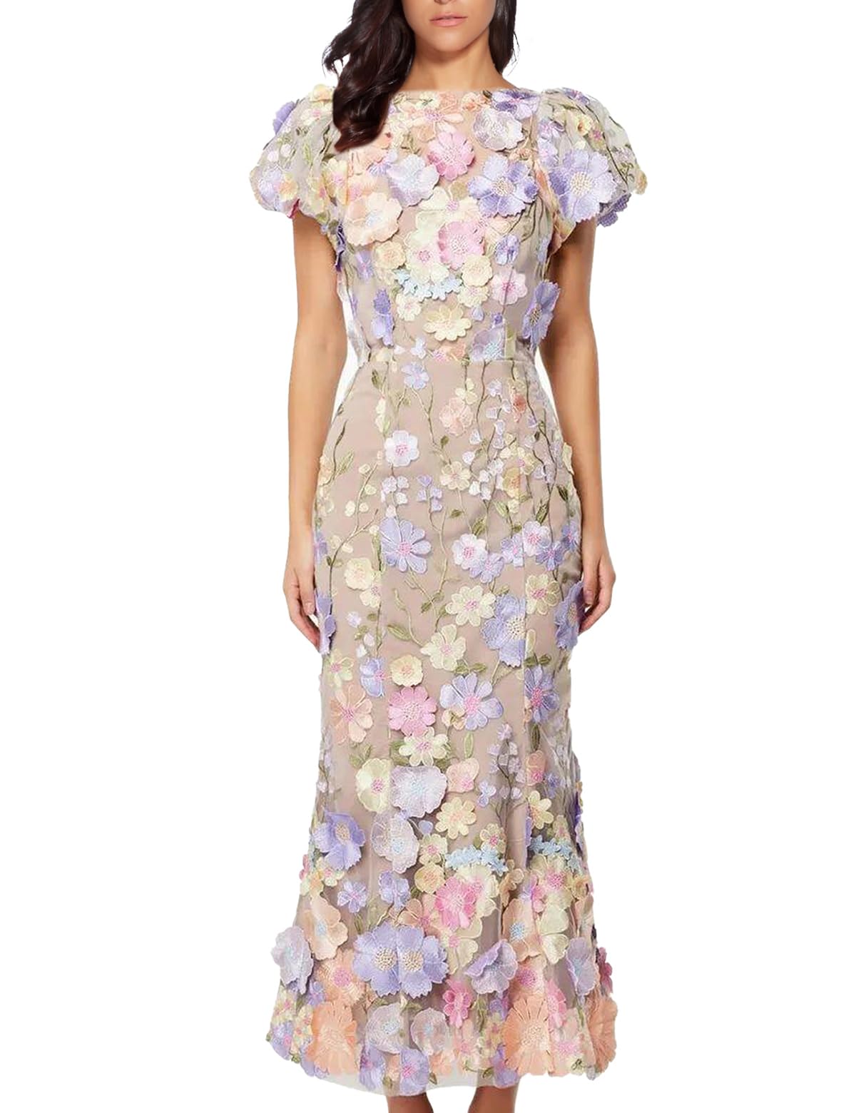 Women's 3D Floral Embroidery Dress Ruffle Sleeve Fishtail Lace Bodycon Party Cocktail Mixi Dress