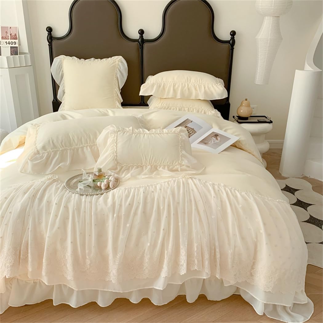 Lace Duvet Cover - Chiffon Ruffled Beddding Set with Flower, 3 Pieces Comforter Cover Set with Zipper Closure and Pillowcase