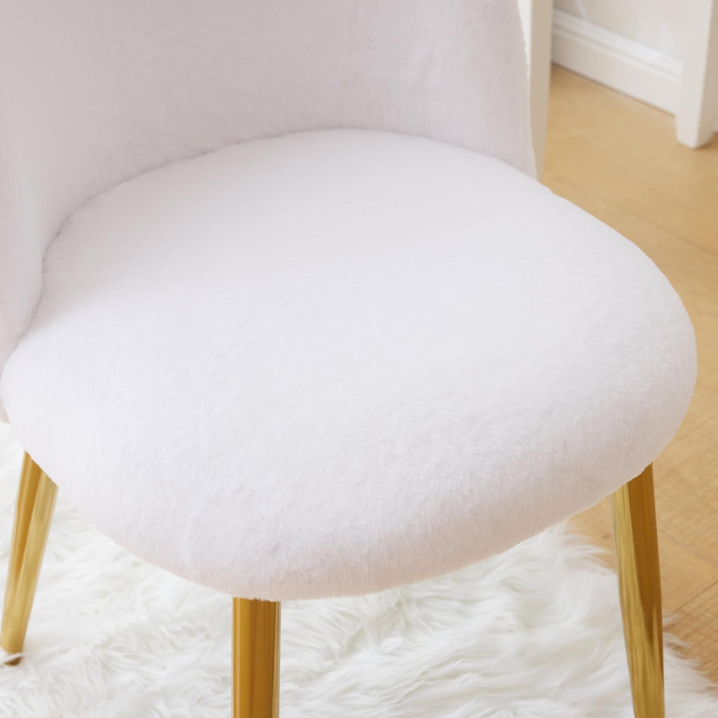 Cute, non-wheeled desk chair with backrest, fluffy cushion, cozy makeup chair with adjustable golden legs