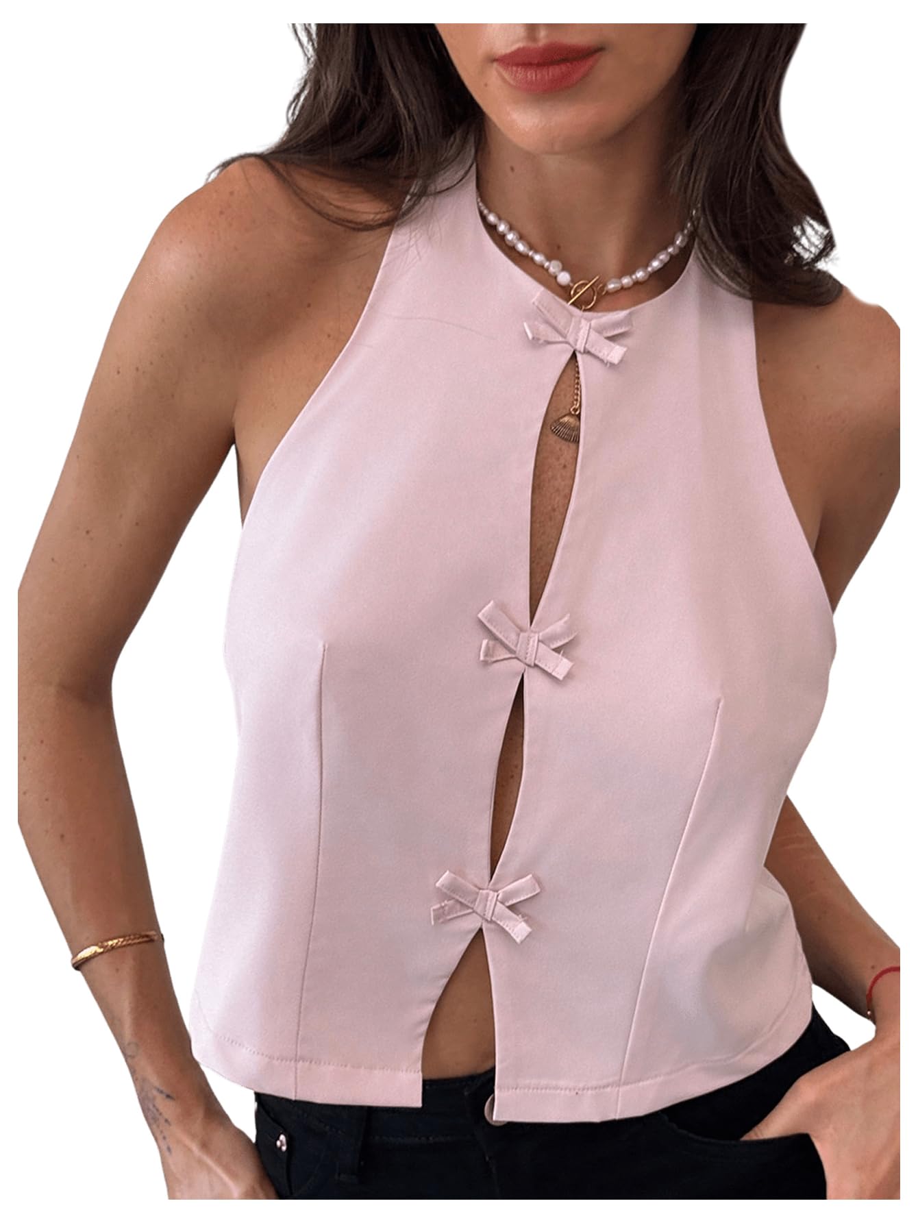 Women's Bow Knot Backless Halter Top Y2k Cut Out Split Hem Sleeveless Tops