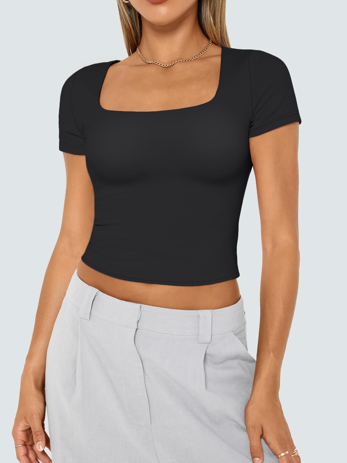 Womens Short Sleeve T Shirts Double Lined Square Neck Crop Tops Basics Tees
