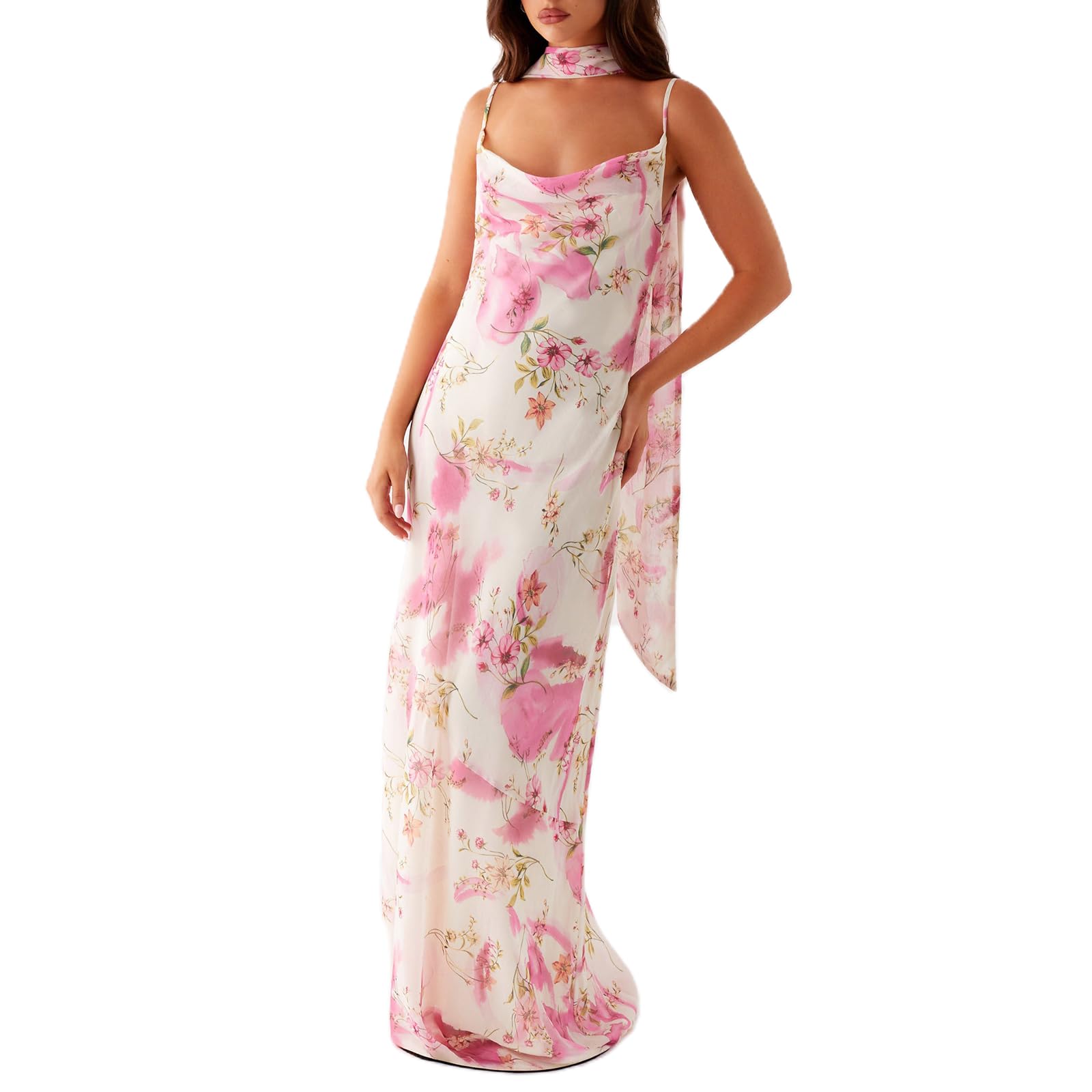 Women Floral Slip Dress Spaghetti Strap Maxi Dress Backless Slim Fit Long Dresses Flowers Print Going Out Dress