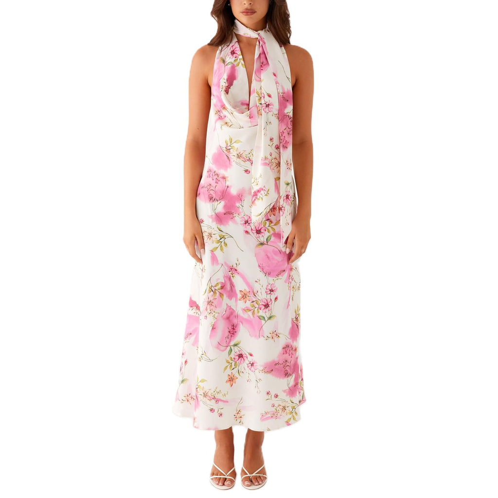 Women Floral Slip Dress Spaghetti Strap Maxi Dress Backless Slim Fit Long Dresses Flowers Print Going Out Dress