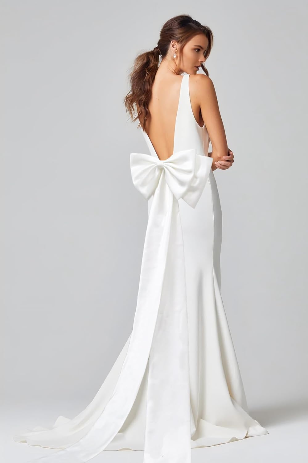 Detachable Big Bow Long Train Satin Bowknot Sweep Train Waist Sash Belt Bowknot for Wedding Formal Dress