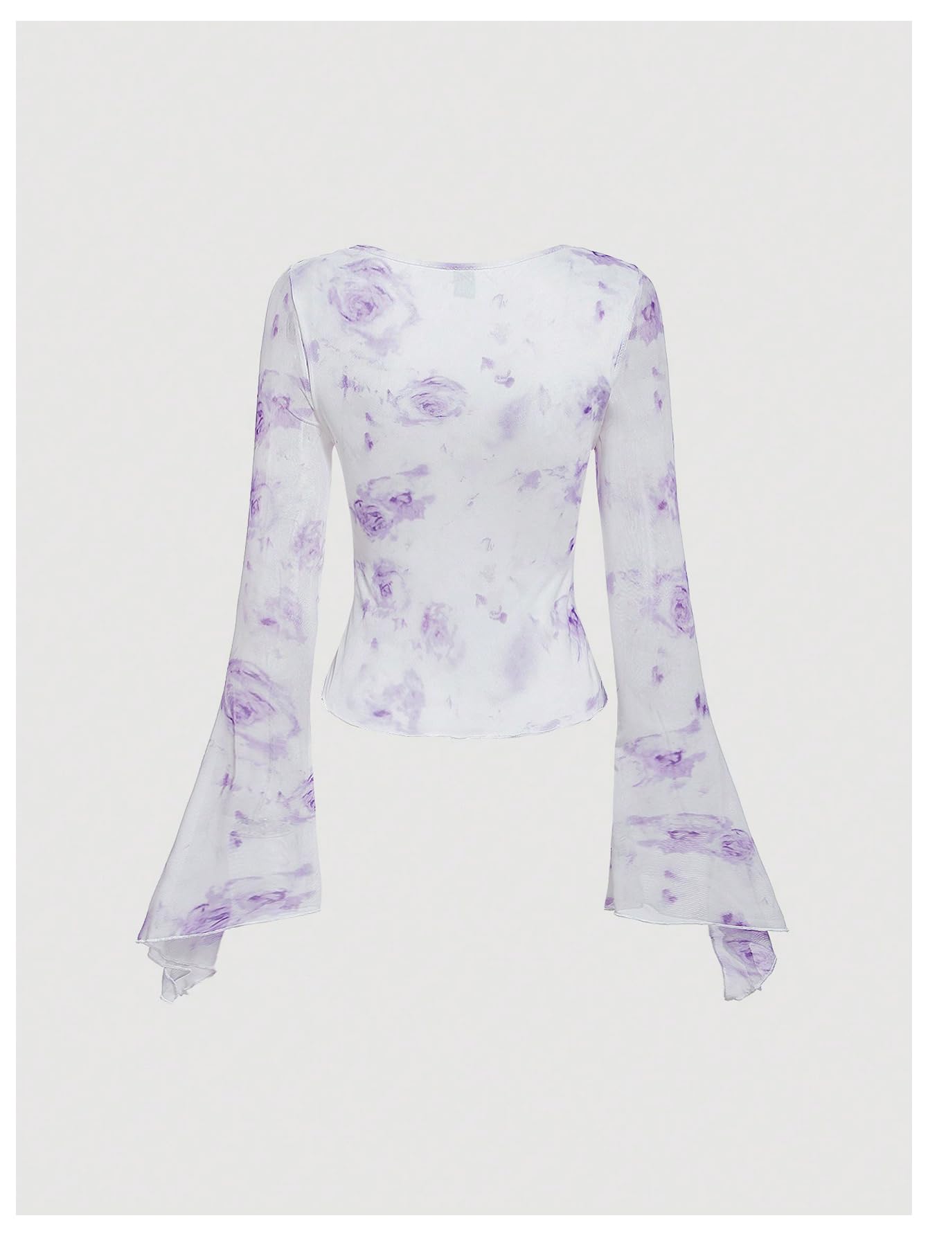 Verdusa Women's Floral Print Mesh Bell Sleeve Tie-Front Top with Lettuce Trim