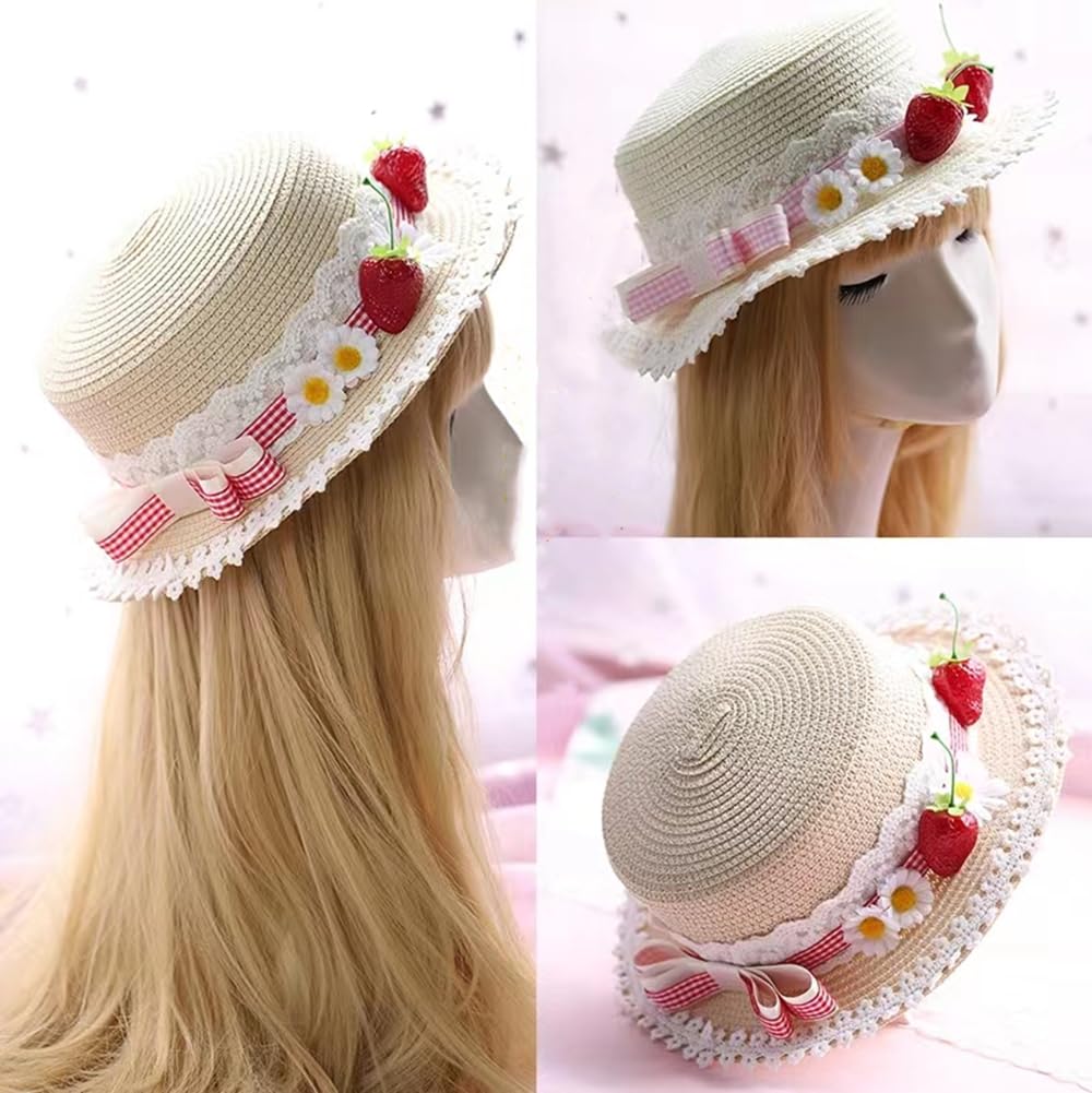 Lolita Strawberry Straw Hat for Women Teens Summer Outdoor Fashionable Wide Brim Beach Sun Hats UV Protection