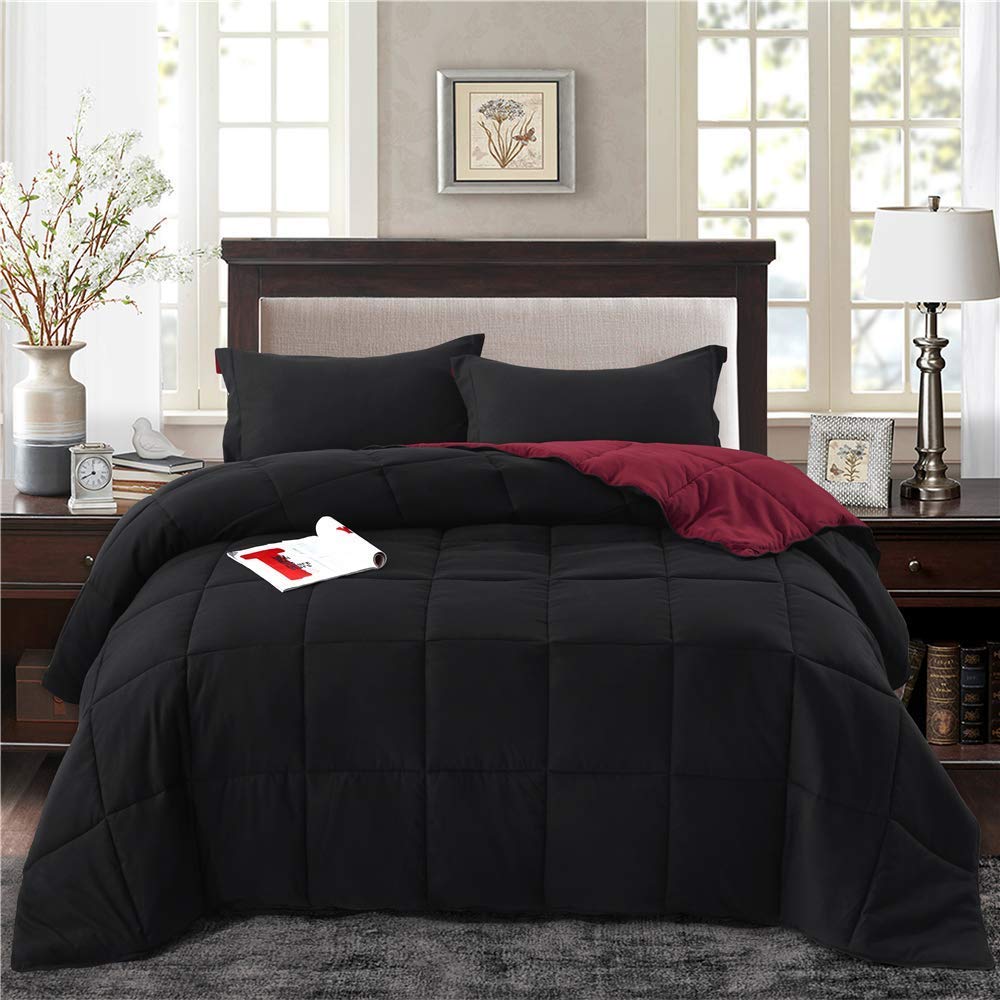 Reversible Down Alternative Comforter with Two Shams - Quilted Duvet Insert with Corner Tabs - Box Stitched Blanket - Super Soft, Fluffy