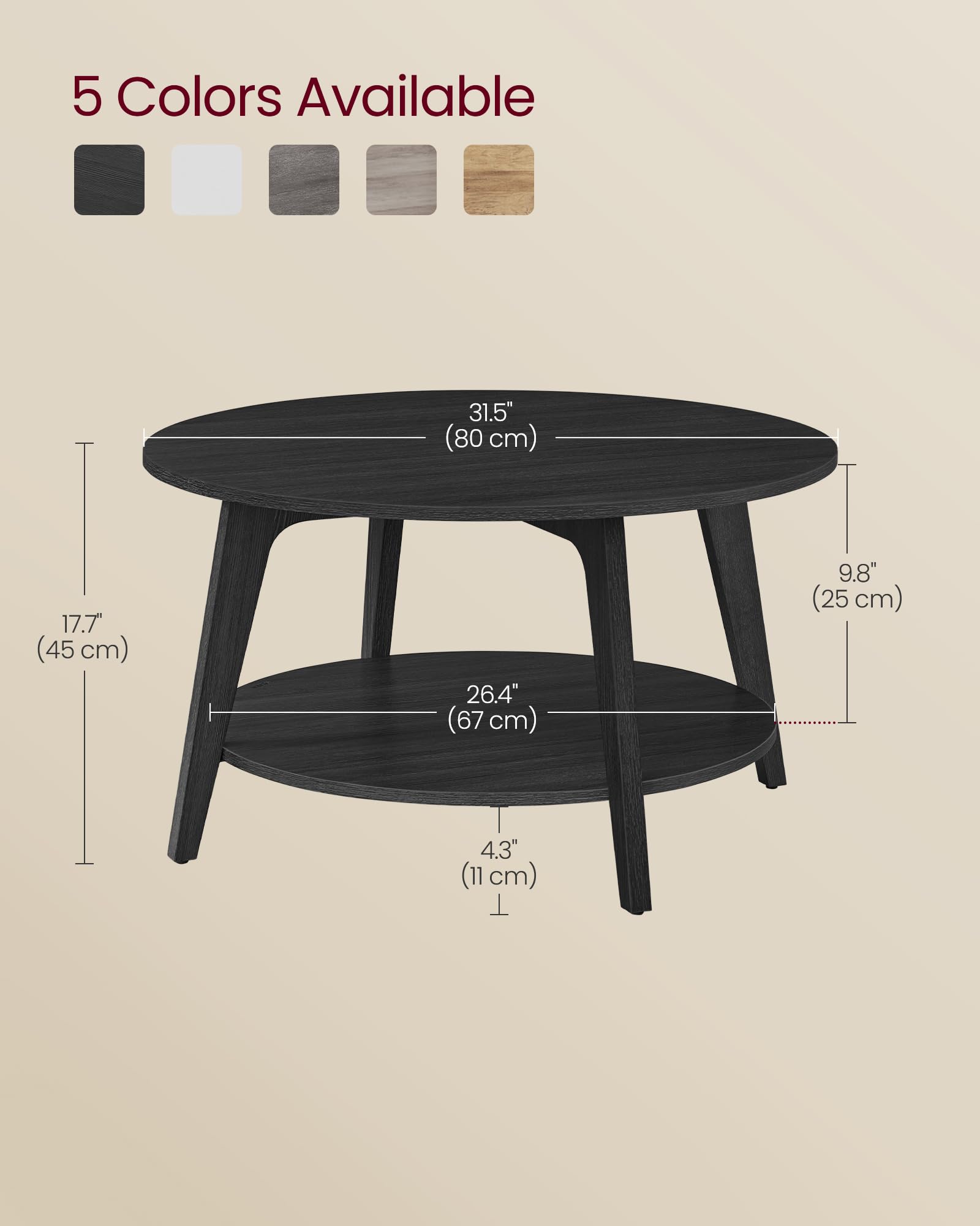 Round Coffee Table, 2 Tier Coffee Table with Storage, for Living Room, 31.5 x 17.7 Inches, Easy to Assemble