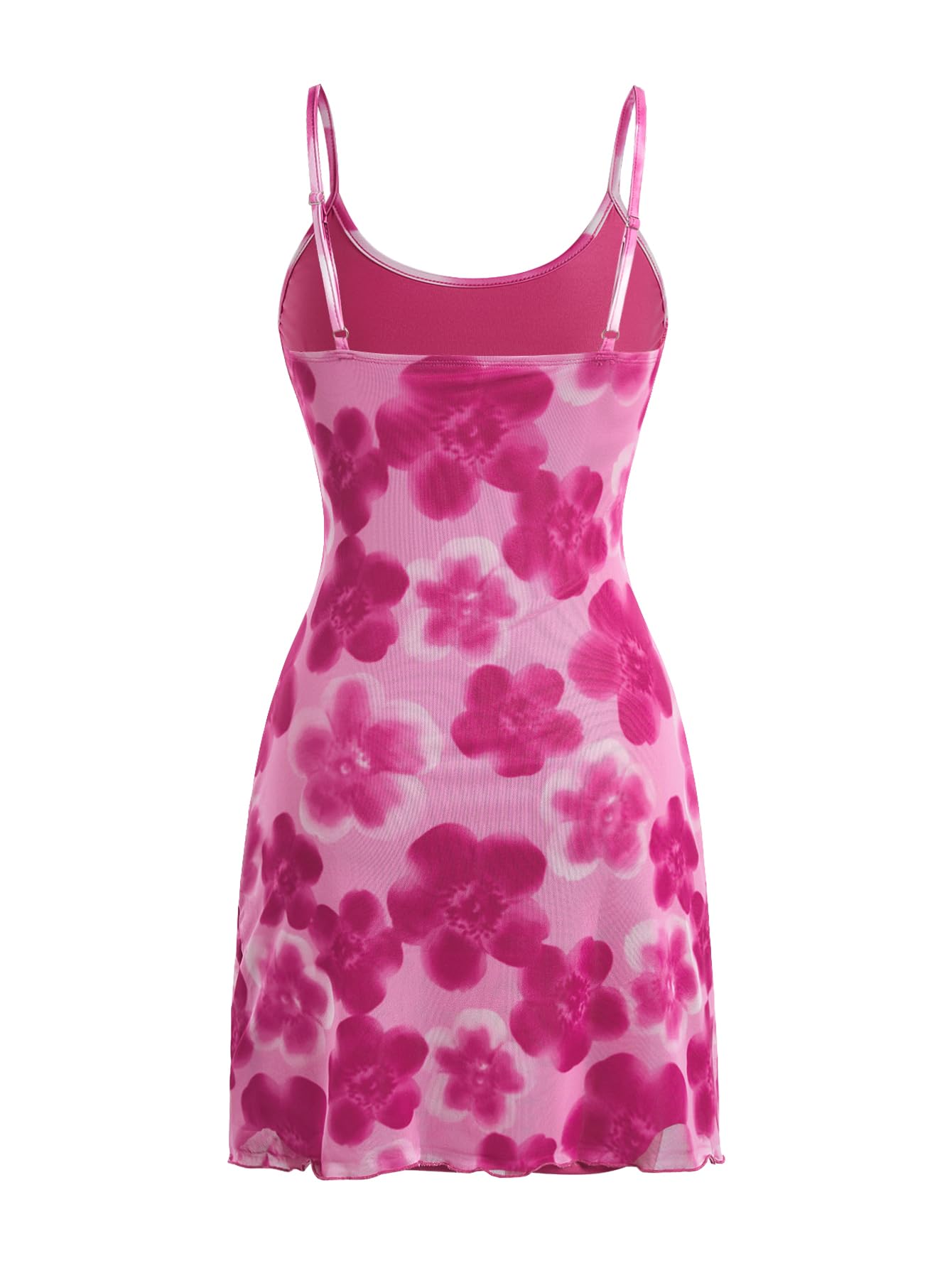 Women's Floral Mesh Mini Cami Dress Sleeveless Scoop Neck Lettuce Trim Bodycon Dress