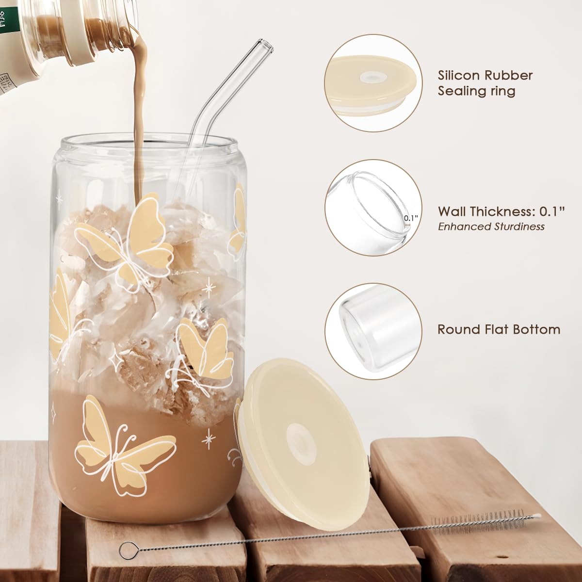 Glass Cup with Lid & Straw, Iced Coffee Aesthetic Glass Can, 16oz