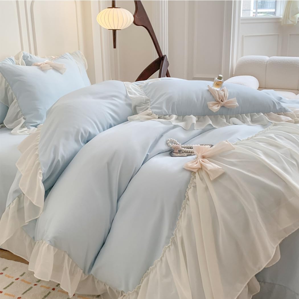 Girls Lace Bedding,Queen Comforter Cover Set, Chic Ruffled Duvet Cover with Lovely Bow,Princess Style 1 Duvet Cover with 2 Pillowcases, No Comforter-Hot Pink,Full Size