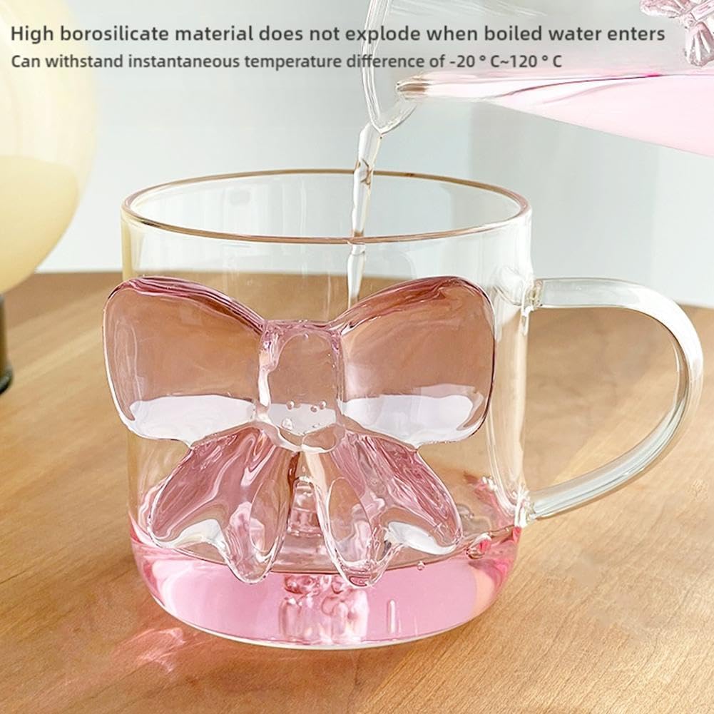 Glass Coffee Mug with Pink Bow Design with Handle, Elegant and Durable 13.5 oz Glassware for Hot and Cold Beverage