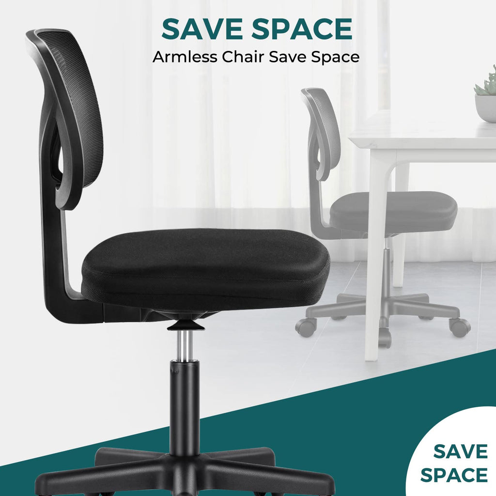 Vanity Swivel Armless Desk Chairs with Wheels, Ergonomic Adjustable Home Office Rolling Task Chair, Comfy Mesh Mid Back