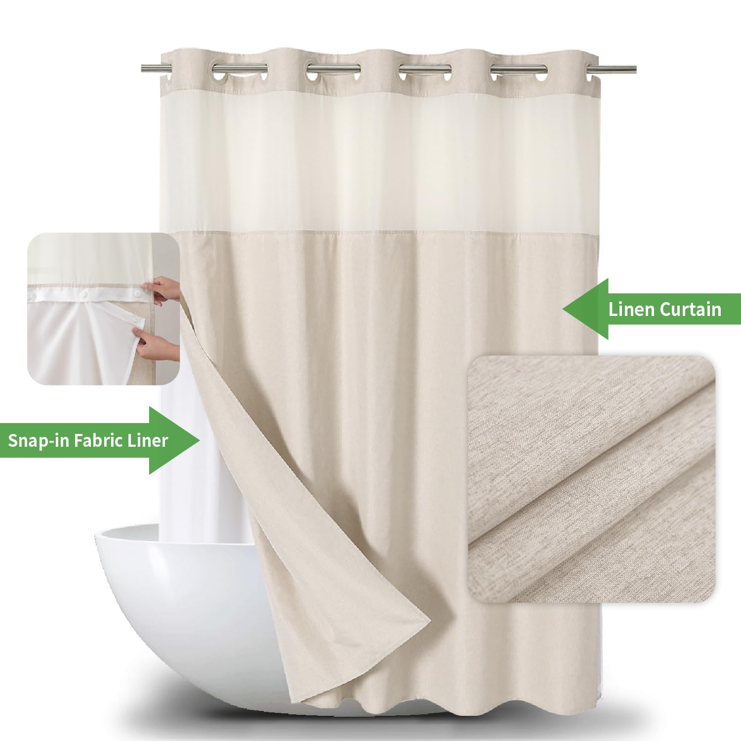 No Hooks Needed Linen Textured Shower Curtain with Snap-in Fabric Liner Set, Luxury Decor Shower Curtains for Bathroom with Mesh Top Window, Waterproof & Washable