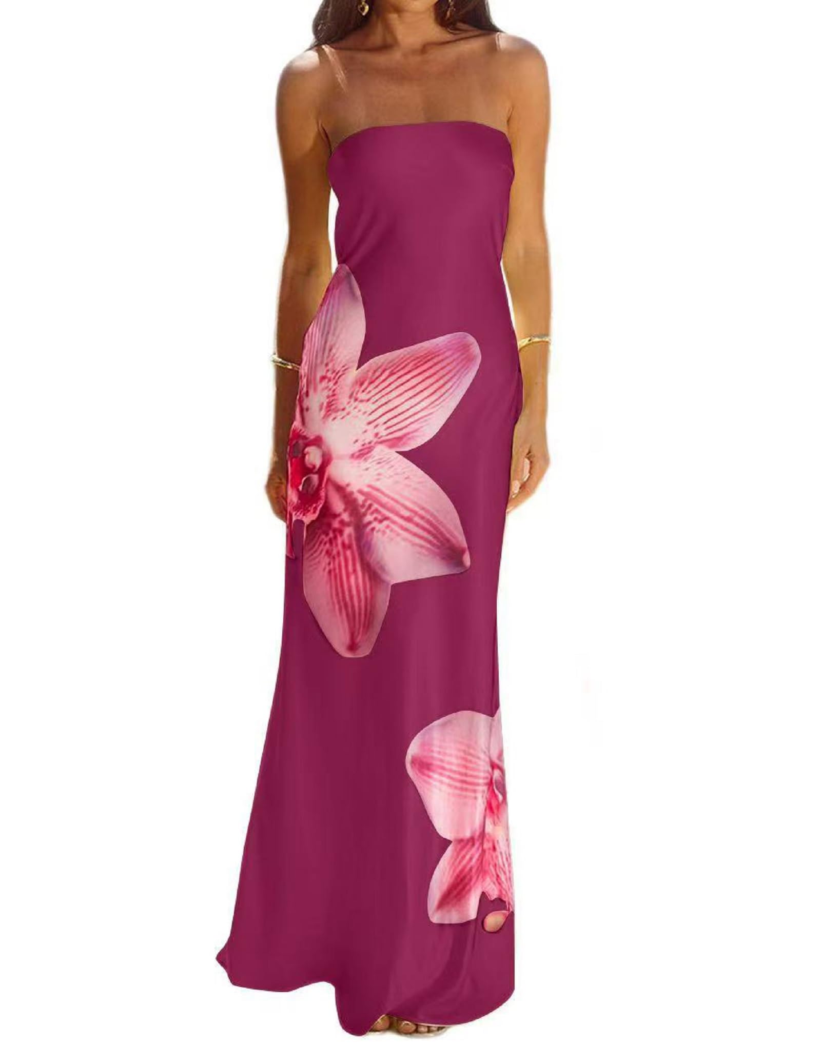 Women Floral Strapless Maxi Dress Sexy Bodycon Backless Tube Long Dress Summer Off Shoulder Cocktail Dresses