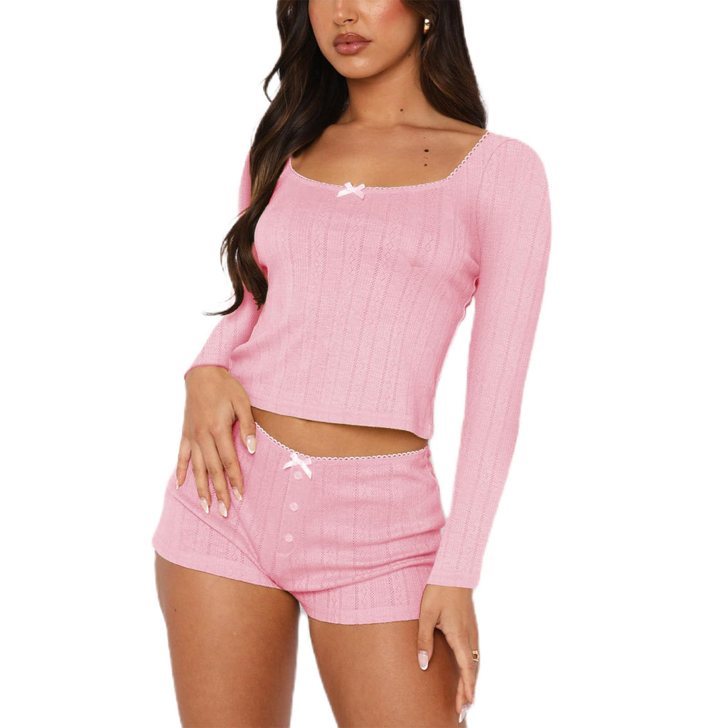 Women's Two Piece Outfit Lace Trim Top and Shorts Set 2 Piece Lounge Sets Ladies PJs Summer Clothes