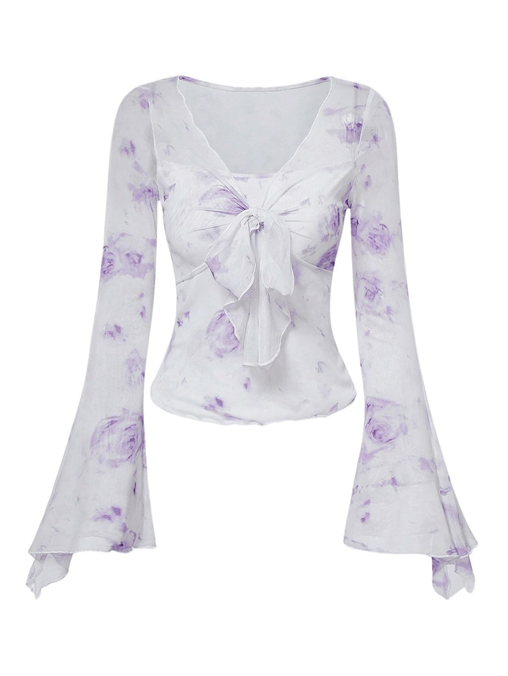 Verdusa Women's Floral Print Mesh Bell Sleeve Tie-Front Top with Lettuce Trim