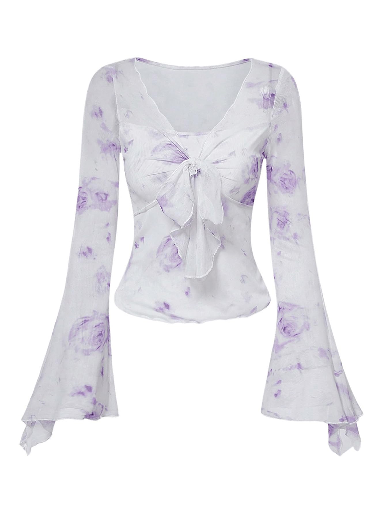 Verdusa Women's Floral Print Mesh Bell Sleeve Tie-Front Top with Lettuce Trim