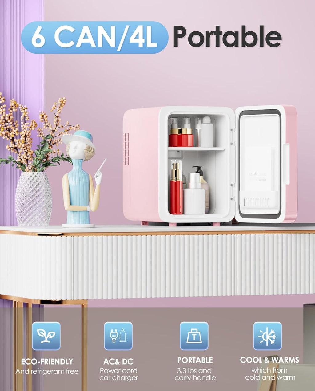 Skincare Fridge - Makeup Fridge for Refrigerating Skincare and Food, Mini Fridge Cooler and Warmer