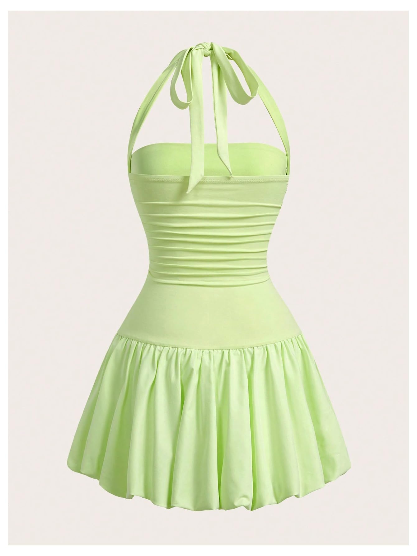 Women's Bubble Mini Dress Halter Backless Ruched Y2K Short Sundress with Built-in Shorts