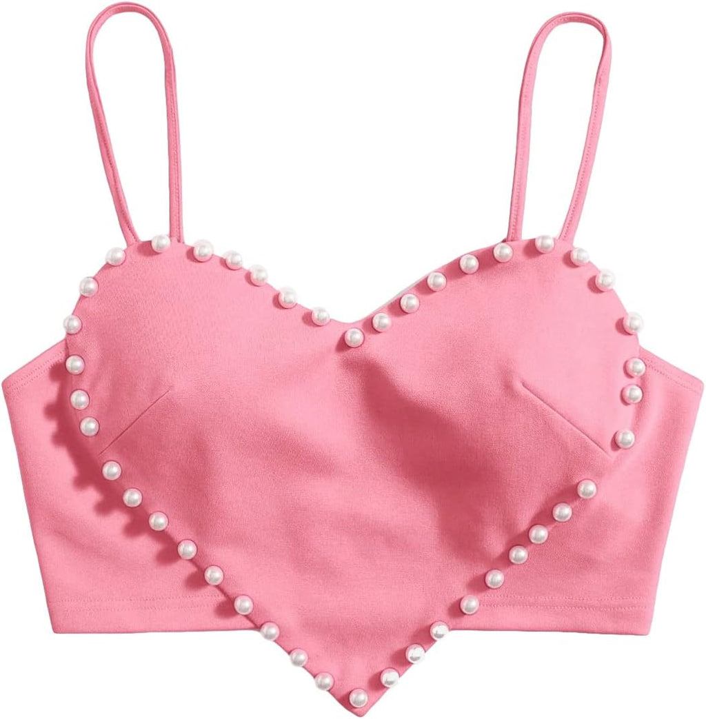 Women's Pearls Sleeveless Asymmetrical Hem Heart Crop Cami Top Sexy Camisole